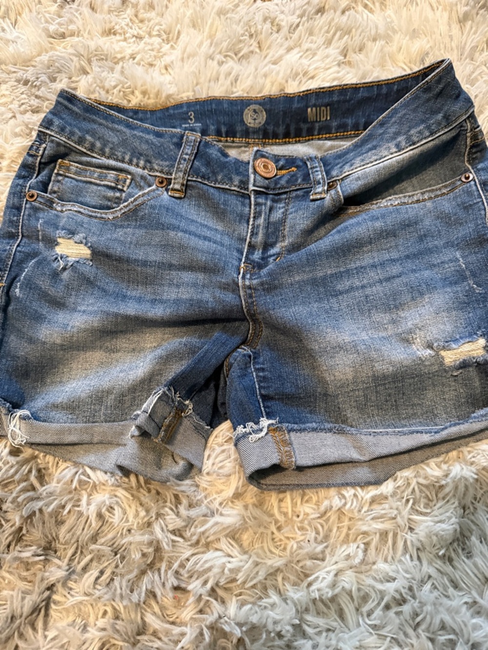 SO Women's Distressed Rolled-Cuff Jean Shorts - Blue